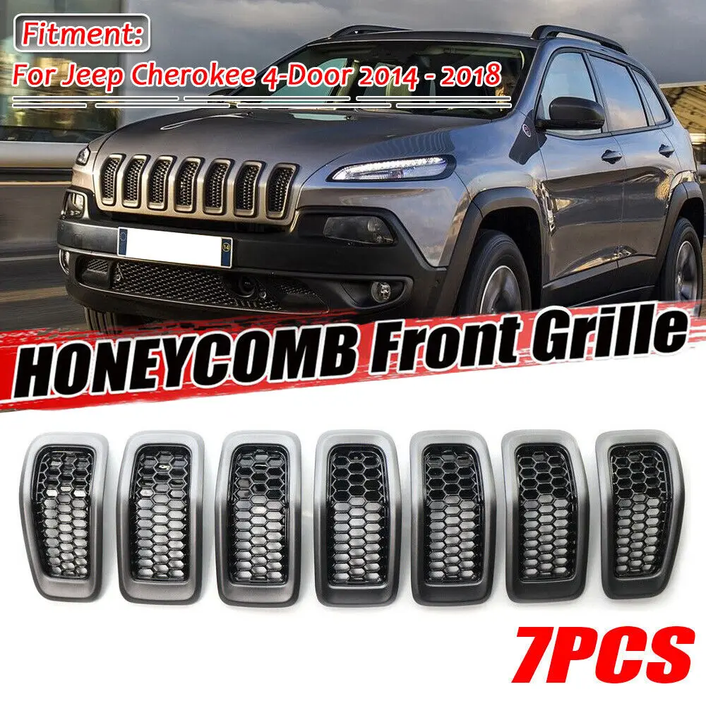 

7PCS/SET Bright Black Car Front Bumper Central Grill Cover Trim Replaced Racing Grille Grilles For Jeep Cherokee 2014 - 2018