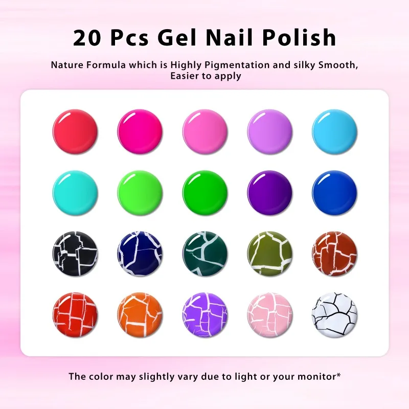 ชุดยาทาเล็บเจลเรืองแสงและเจลแตก 20 ชิ้น ยาทาเล็บเจลกึ่งถาวรแบบลอกได้ด้วยการแช่ ยูวีเจล สำหรับทำเล็บด้วยตัวเอง อุปกรณ์ทำเล็บ