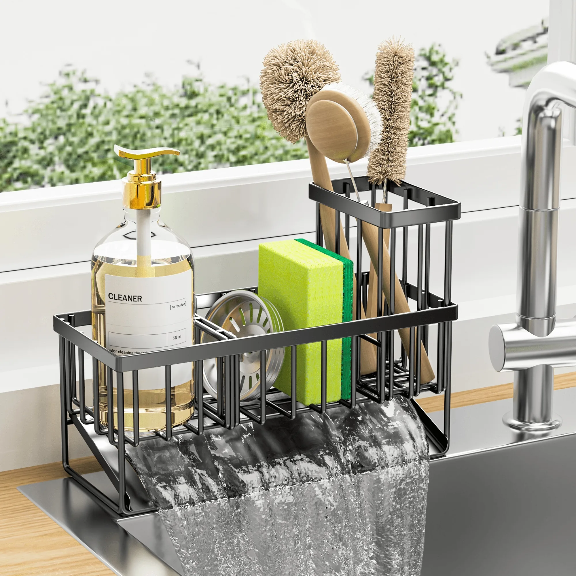 Cisily Kitchen Sink Caddy - Sponge Holder. Inclined Drain, Rust - Resistant Black Metal. With Brush Holder.