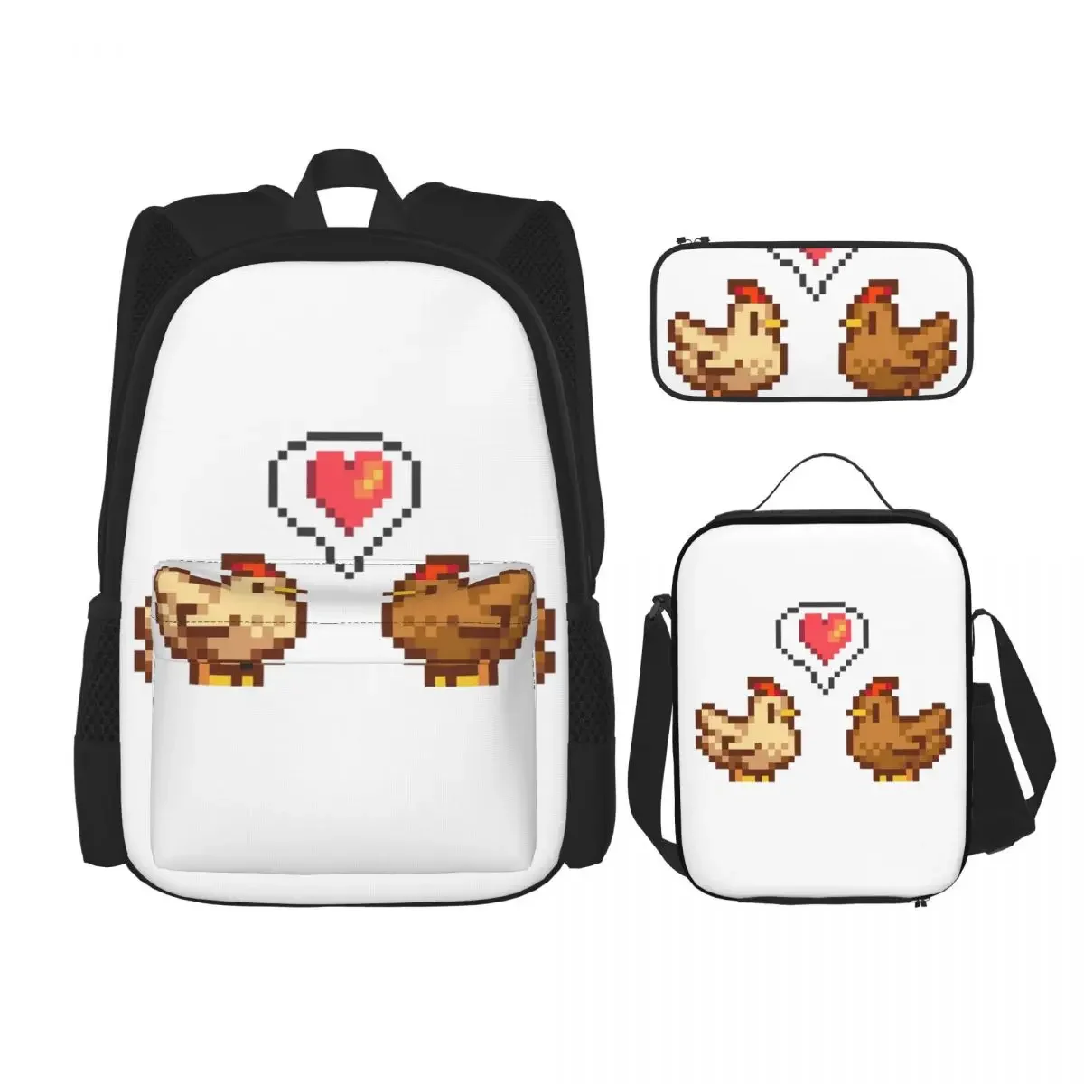 

Stardew Valley Chicken Love Backpacks Boys Girls Bookbag Students School Bags Kids Rucksack Lunch Bag Pen Bag Three-Piece Set