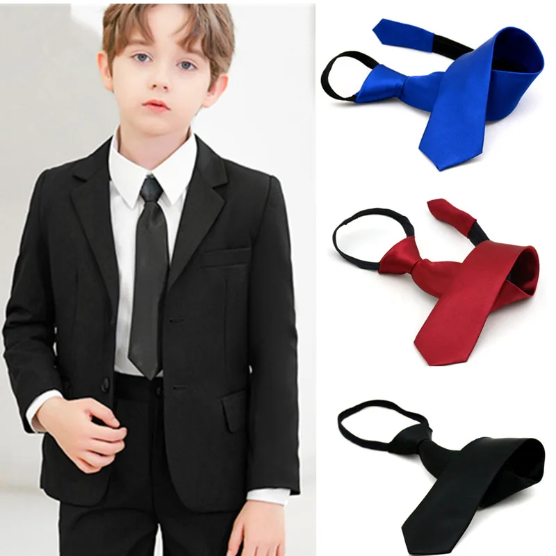 Egelant Kids Narrow Necktie Solid Color Pre-tied Neck Tie Girls Boys Children Tie Casual Wedding Party Zipper Lazy Tie