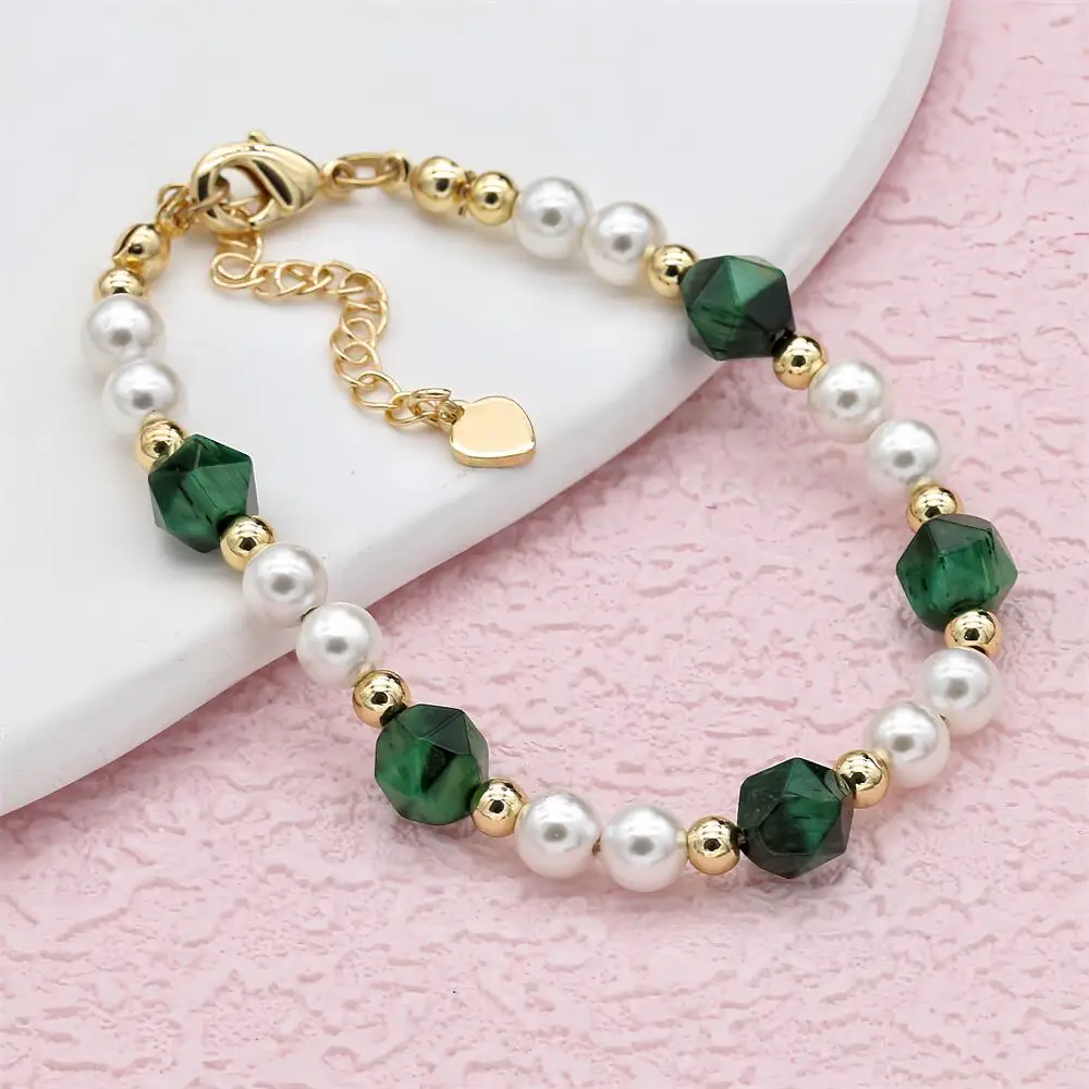 Handmade Elegant Exquisite Gold Plated Green Tiger Eye Stone Shell Pearl Beaded Charm Bracelet Women Fashion Jewelry