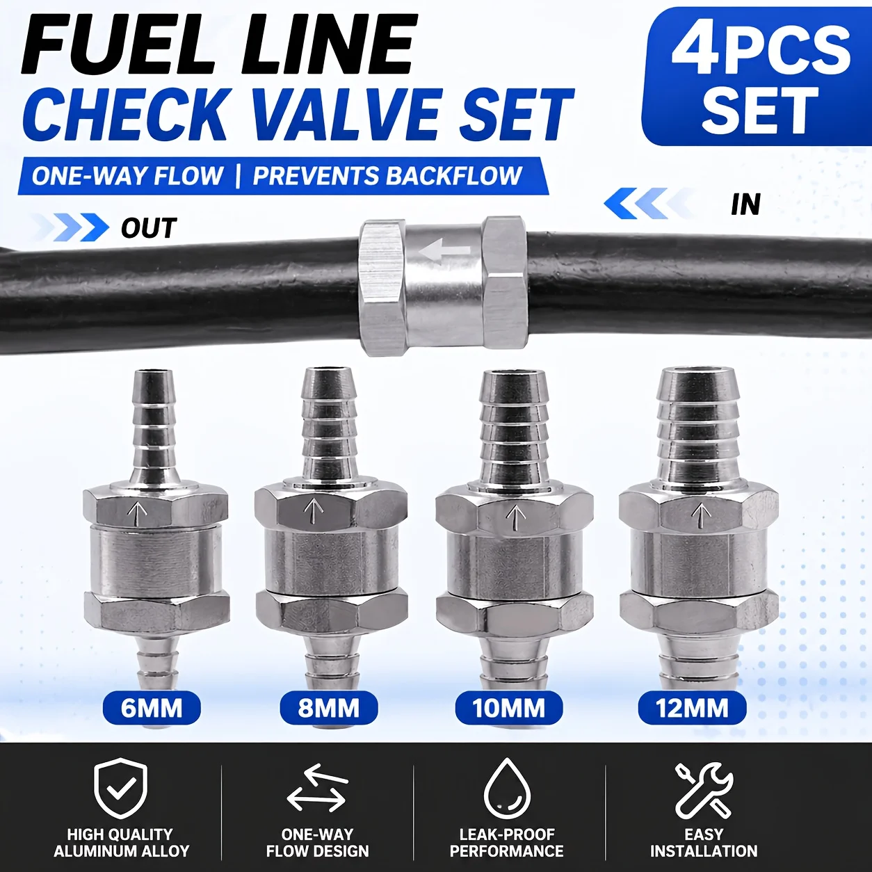 4Pcs Fuel Line One Way Check Valve Kit 6mm 8mm 10mm 12mm Barb Hose Connector for Gasoline Diesel Car Motorcycle Small Engine