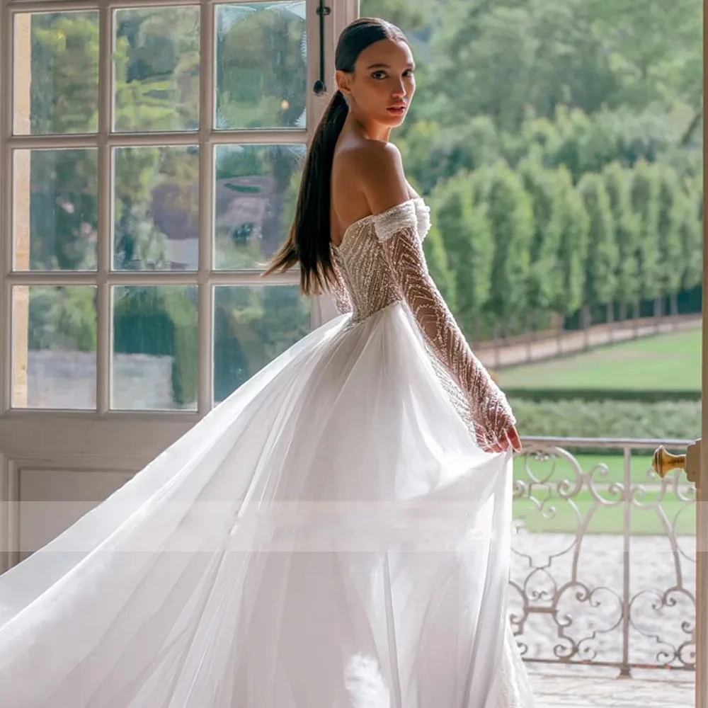 Moderne, elegante Brautkleider, schulterfreie Brautkleider mit abnehmbarer Schleppe, Spitzenapplikationen, Vestidos De Novia, individuell gestaltet