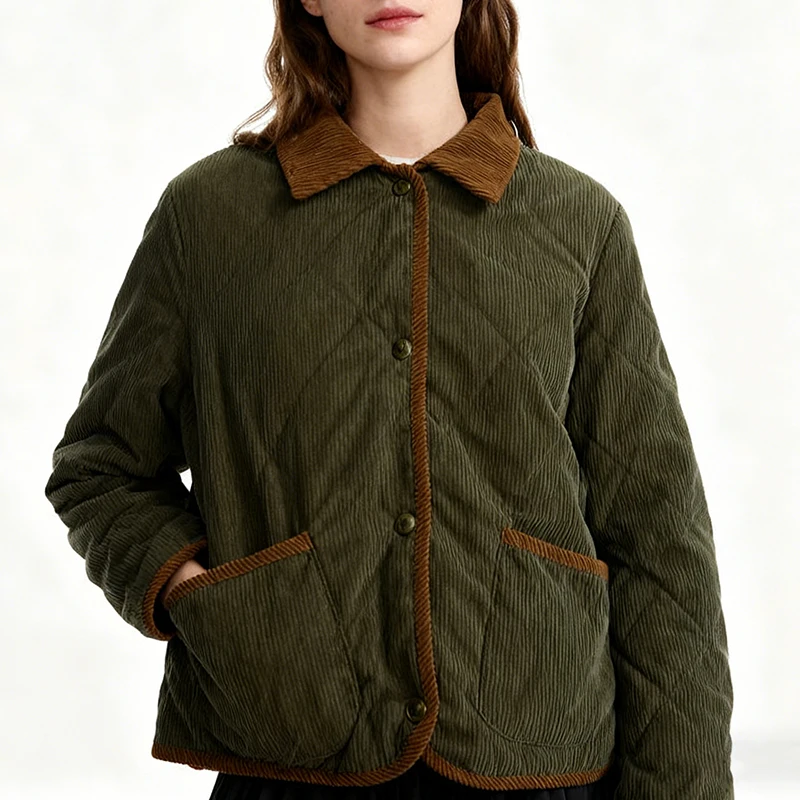 

Зимние стеганые хлопковые куртки женские с отложным воротником в стиле пэчворк вельветовые однобортные пальто с длинными рукавами зеленого цвета верхняя одежда