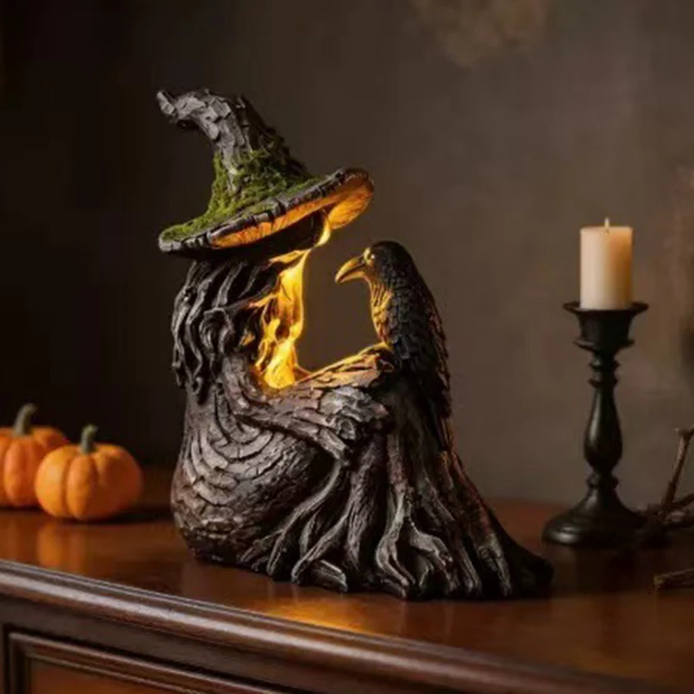 7.8 Inch Classical Resin Vintage Gothic Witch Figurine Raven Weathered Antique Style Tabletop Halloween Spooky Home Sculpture