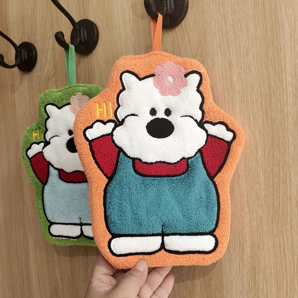 Cute Cartoon Dog Hanging Hand Towel Coral Velvet Absorbent Wipe Cloth Bathroom Kitchen Cleaning Towel