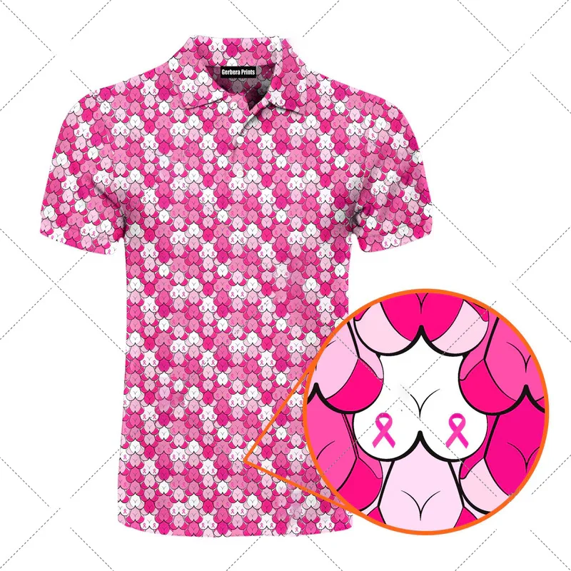 Mens Fun Pop Style Pattern Polo Shirt - Retro Style Full Version Pink Ribbon Printed Collar Short Sleeve Top,Business Casual Top