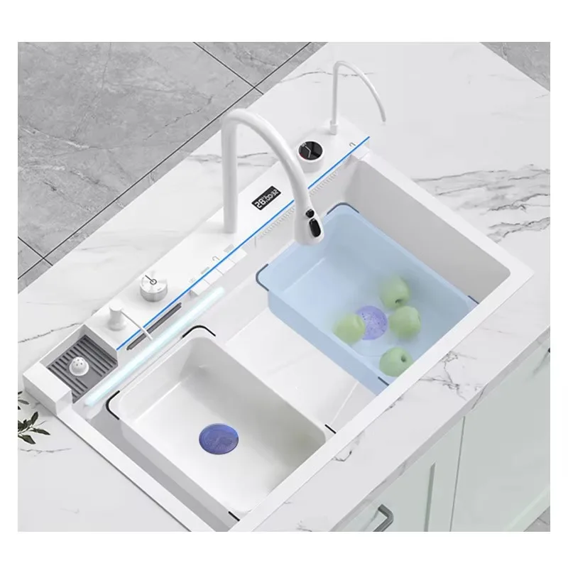 

Multifunctional Large Handmade Bottom Farmhouse Sink Waterfall Rainfall Single Bowl White Kitchen Sink
