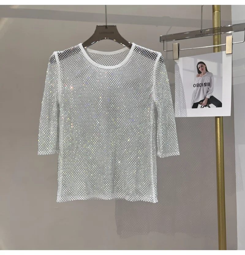 Heavy-duty Hot-drilled Fishnet Hollow See-through Design Round-neck Slim-fitting Short Women’s Fashionable and Versatile Top