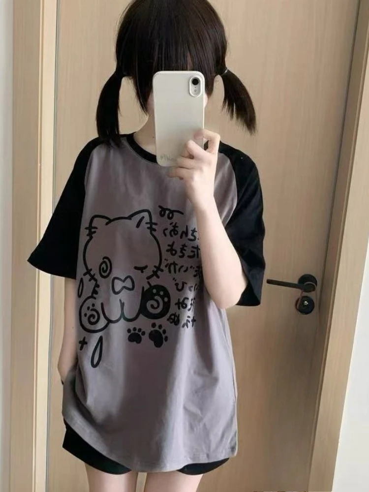 Japanese Summer Cartoon Printing T-shirts Y2k Aesthetic Casual Loose Kawaii Tops Women Contrast Color Patchwork Harajuku Tees