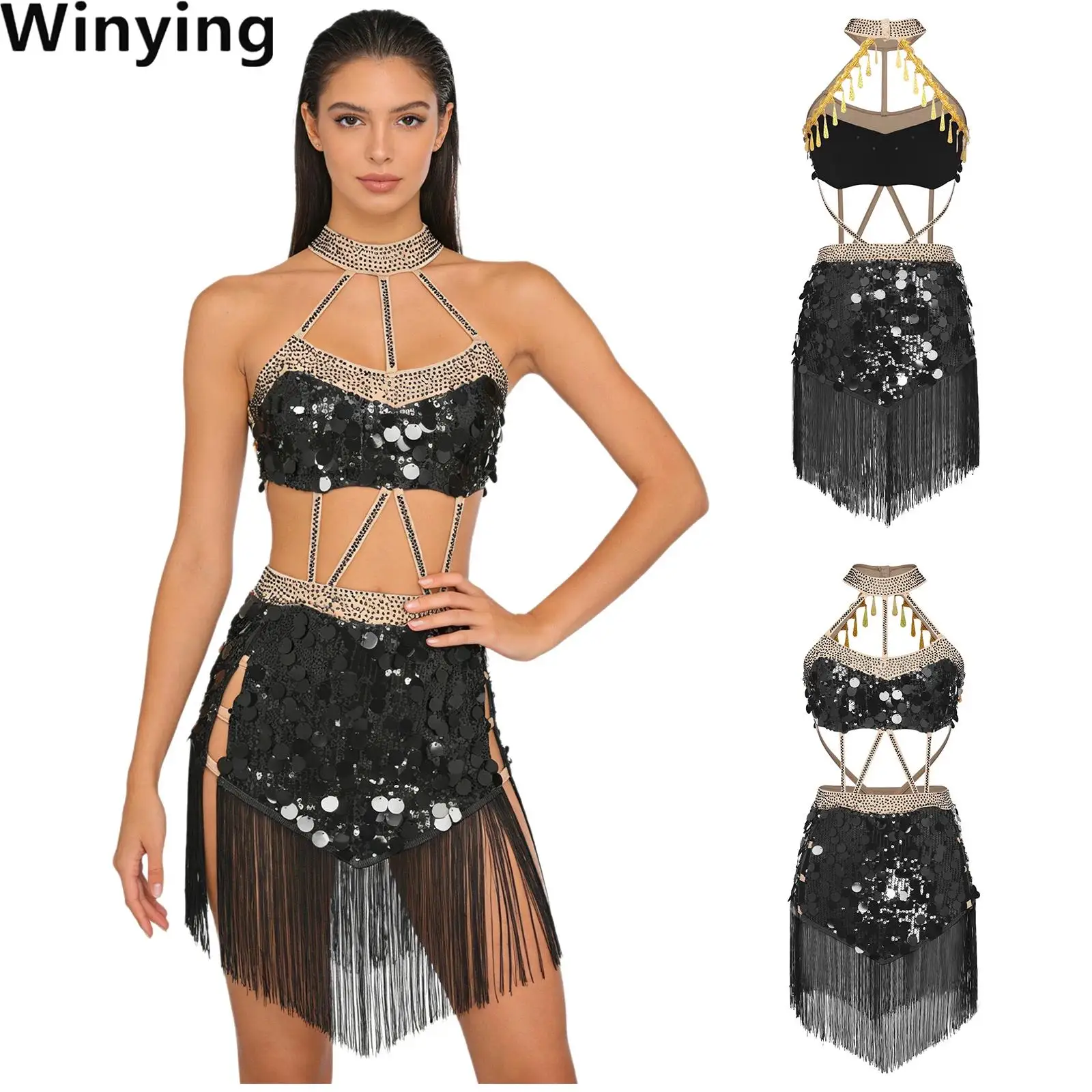 

Women Halter Fringed Latin Tango Cha-cha Performance Costume Glittery Sequins Tassel Hem Backless Bodysuits Rumba Samba Dress