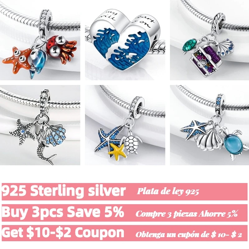 925 Silver Dangle Charm Starfish Turtle Shell Dolphin Beads fit Original Pandora Bracelet 925 Silver Summer Collection Jewelry