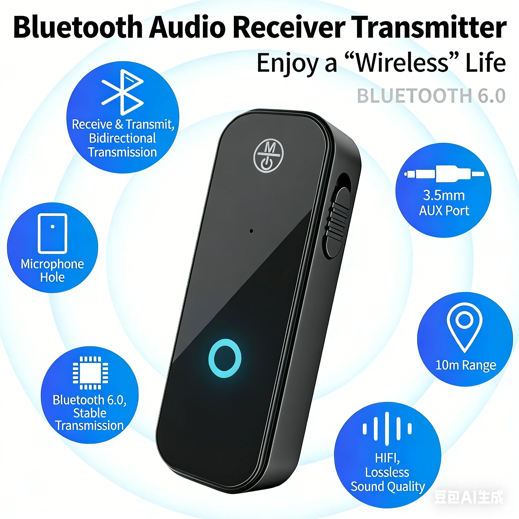 New Bluetooth 6.0 Transmitter Receiver 2 in1 Wireless Adapter 3.5mm Audio AUX Adapter For Car Audio Music Aux Handsfree Headset