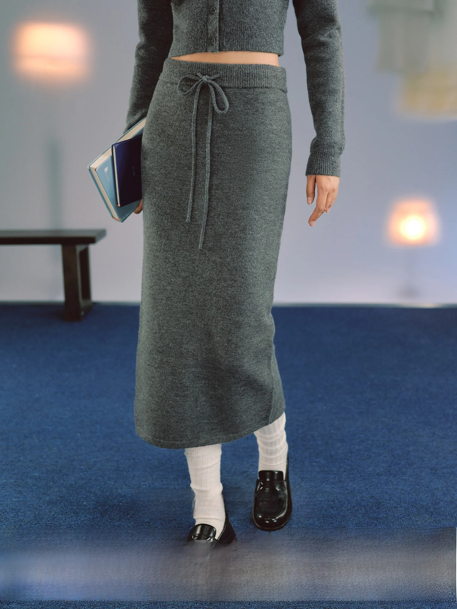 

LaluneDuCiel High Waist Drawstring Back Split Skirt Pure Color Bodycon Half Length Girls Knitted Polyester Blend Skirt