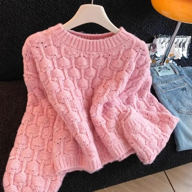 Women Round Neck Hollow Crochet Knit Sweater Textured Cropped Loose Pullover Jumper For Winter