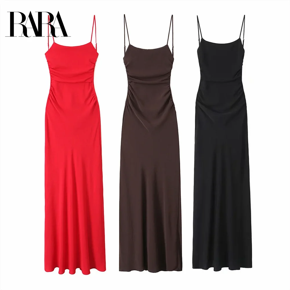 

2025 RARA Women's Spaghetti - strap Ruched Maxi Dresses in Red Brown and Black for an Elegant Appeal