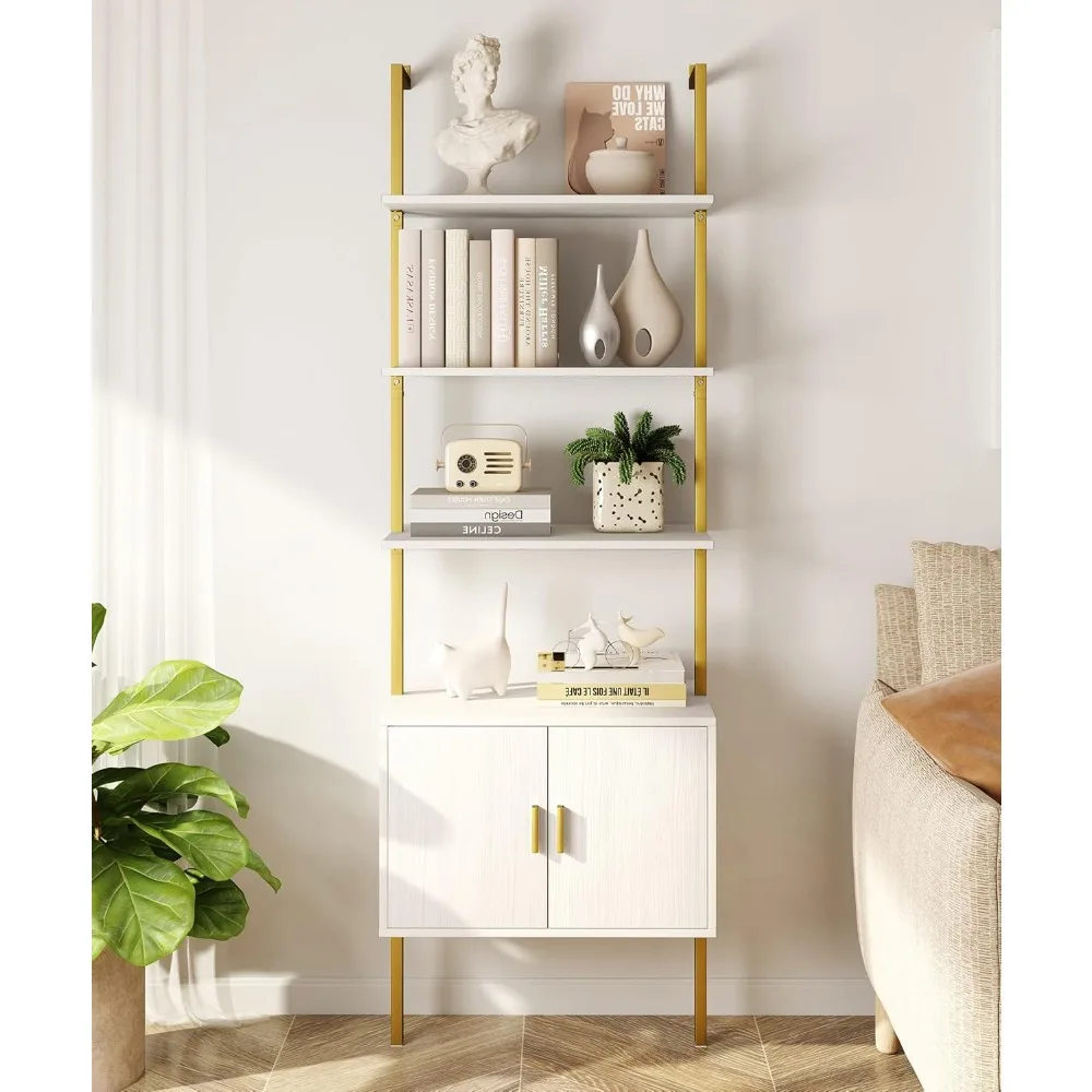 Bookshelf with Cabinet, Industrial Ladder Wall Mount Shelf Bookcase with Wood and Metal Frame, Plant Shelf Wall