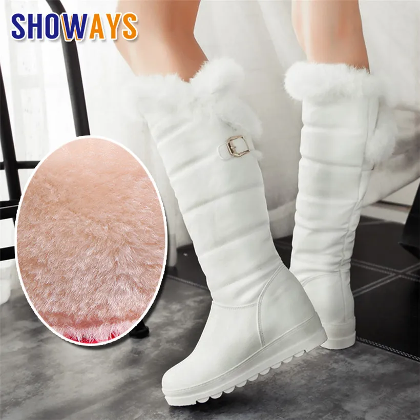 2024 Winter Women Warm Fur Plush Knee-high Snow Boots Red White Black Round Toe Buckle Height Increased Platform Lady Long Boots