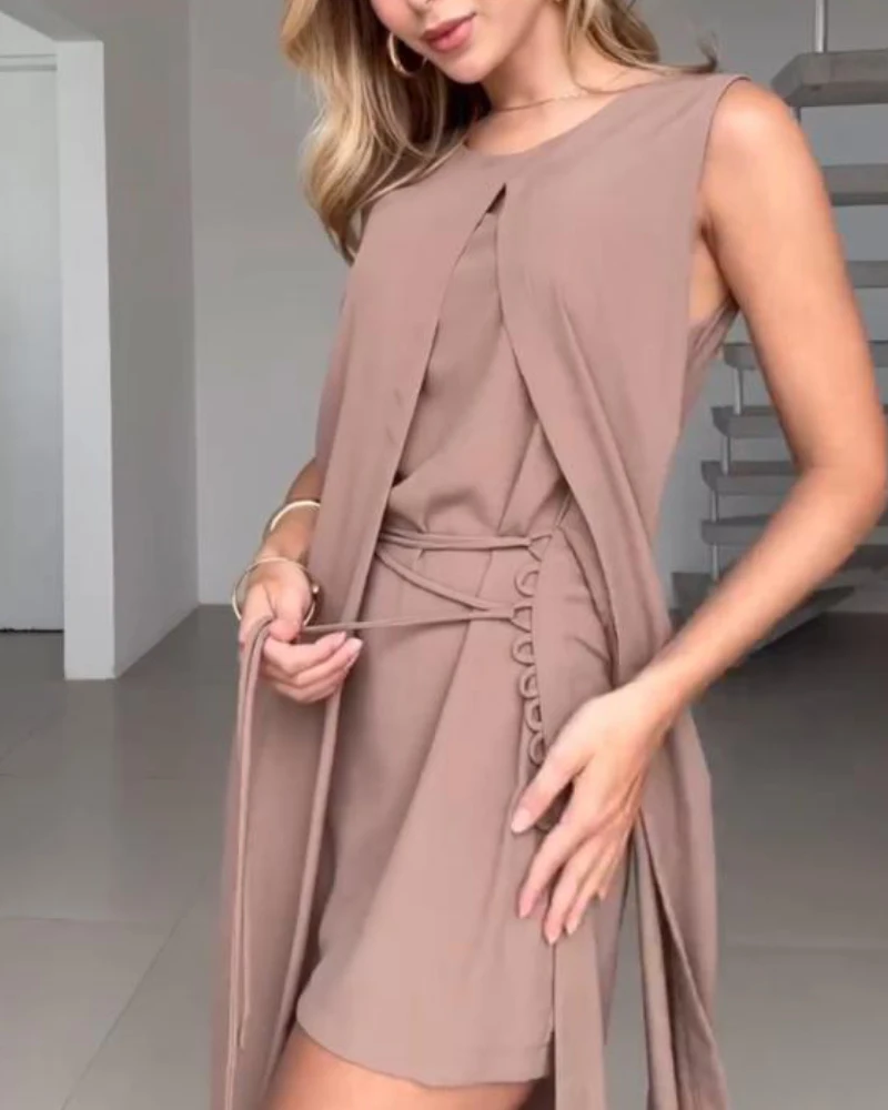 

Womens Dresses Fashion 2025 Summer New Solid Color Sleeveless Tied Detail Mini Dress Casual Round Neck Waist Lace Up Daily Dress