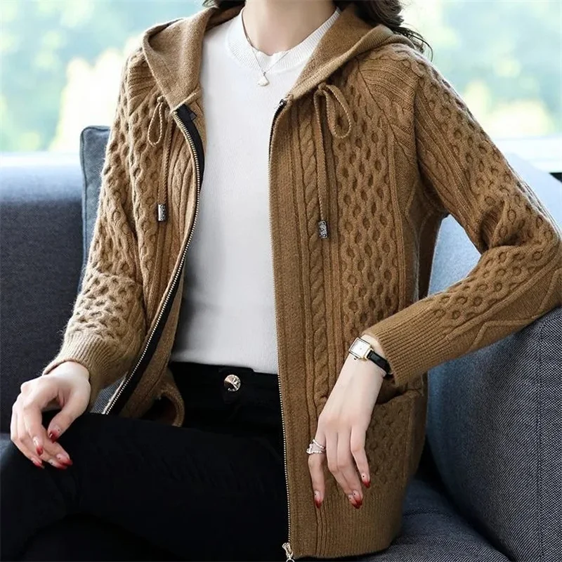 2023 New Zipper Hoody Sweater Women\'s Spring Wear Knitted Cardigan Women\'s Short Sweater Coat Loose Large Female\'s Knitwear Coat