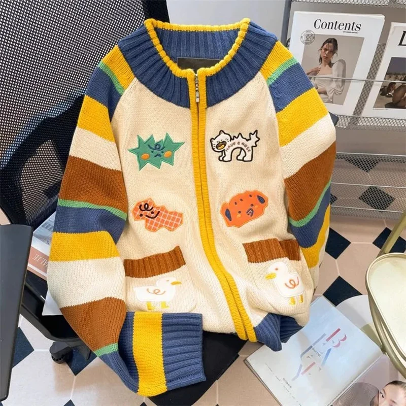Cartoon Embroidery Knit Cardigan Women Sweet Kawaii Striped Zipper Casual Sweater Female Vintage Harajuku Cute Fall Winter Tops