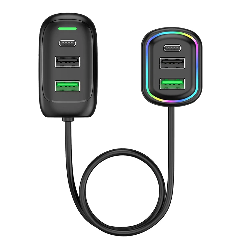 Chargeur de voiture d'extension avant et arrière USB Type-C, lumière RVB, adaptateur secteur PD, charge rapide, iPhone, tablette, ordinateur portable, 6 ports