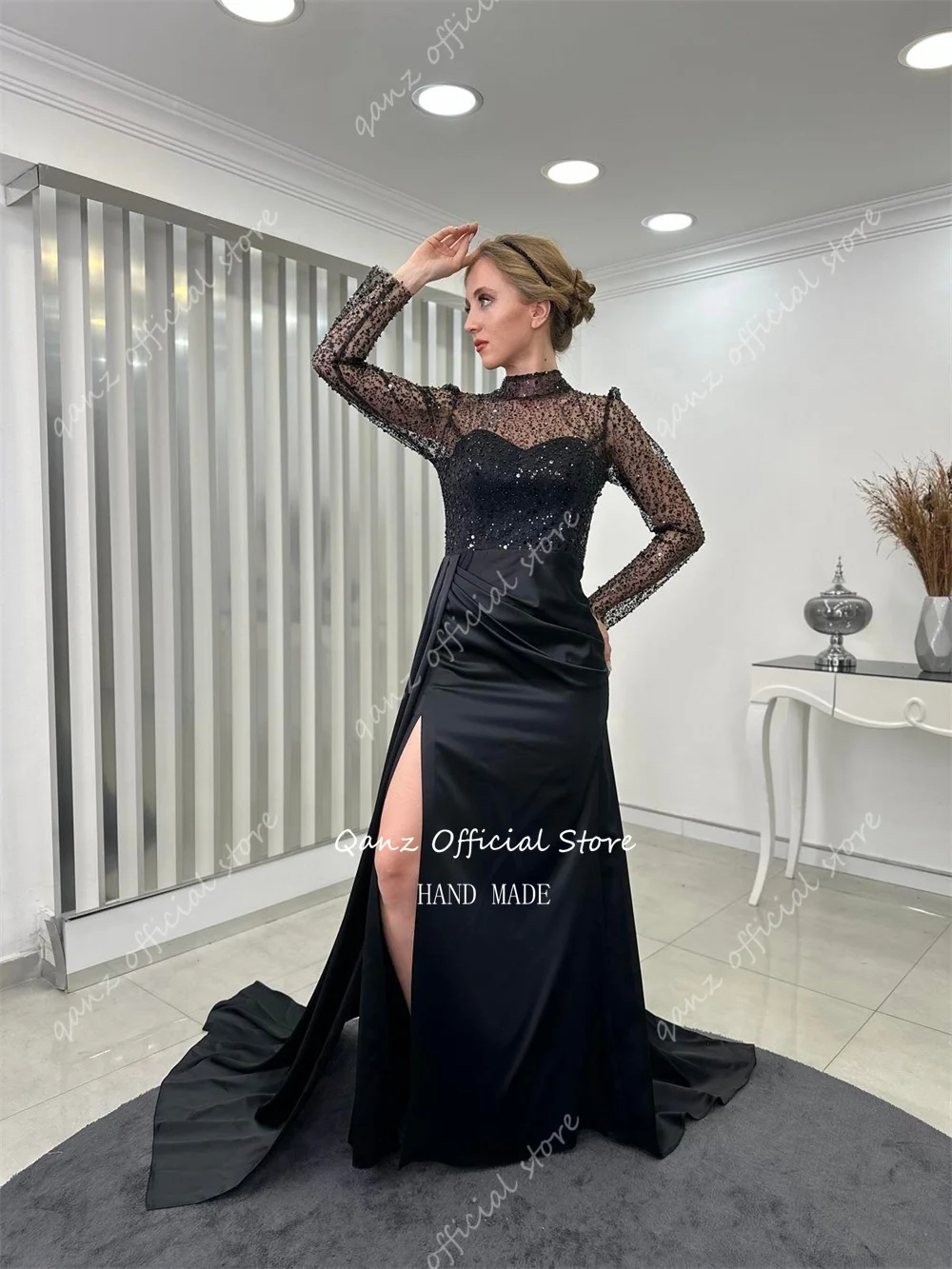 Qanz Emerald Green Evening Dresses Sequined Satin Dresses Women 2024 Long Sleeves Mermaid Leg Slit Prom Dresses Customized