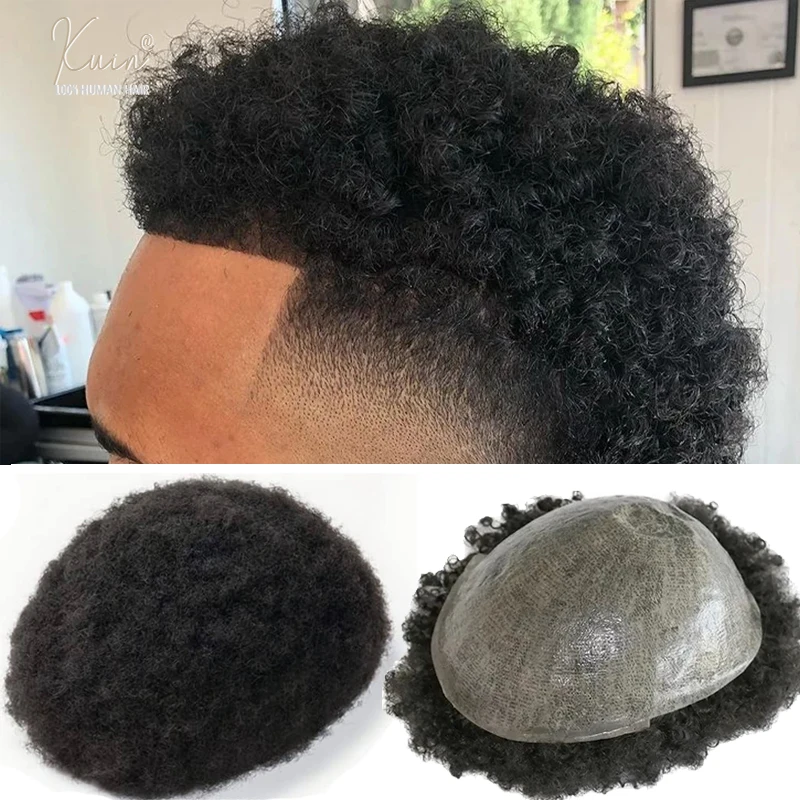 Afro Toupee PU Base Human Hair for Black Men 0.1mm All PU Base Curly Wigs Natural Black Hair Piece For Men Capillary Prothesis