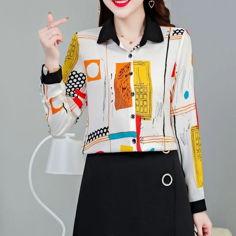 Spring Autumn New Turn-down Collar Long Sleeve Fashion Shirt Women High Street Printing Button Cardigan Elegant All-match Tops