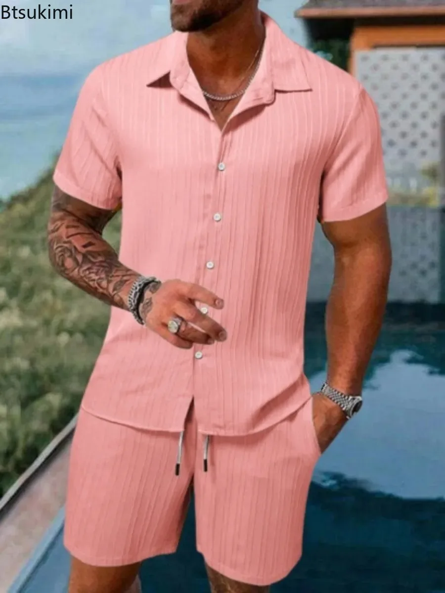 

New2024 Men's Summer Casual Sets Solid Stripe Two Piece Short Sleeve Shirts+Short Pants Suits Man Sport Beach Casual Shorts Sets