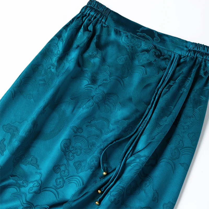 Women Silk Skirt 100% Mulberry Silk 40 Momme Heavy Jacquard Silk Peacock Blue Chinese Style Side-Slit Skirt M1282