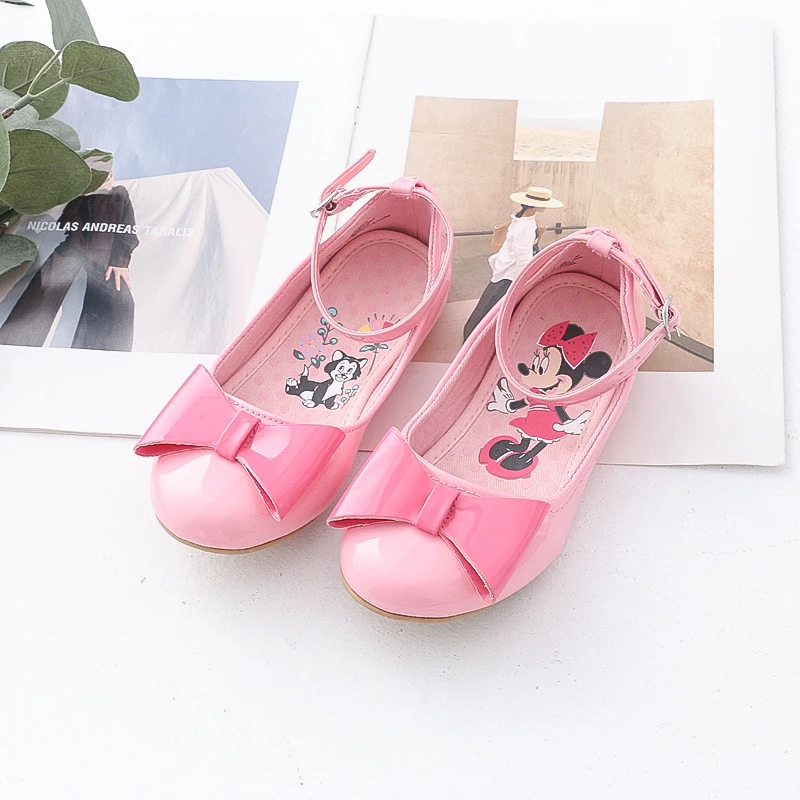 Disney-Chaussures plates en cuir pour filles, sandales imprimées Minnie Mouse, chaussures de princesse pour tout-petits, nœud de dessin animé, rencontre décontractée, bébé, enfant