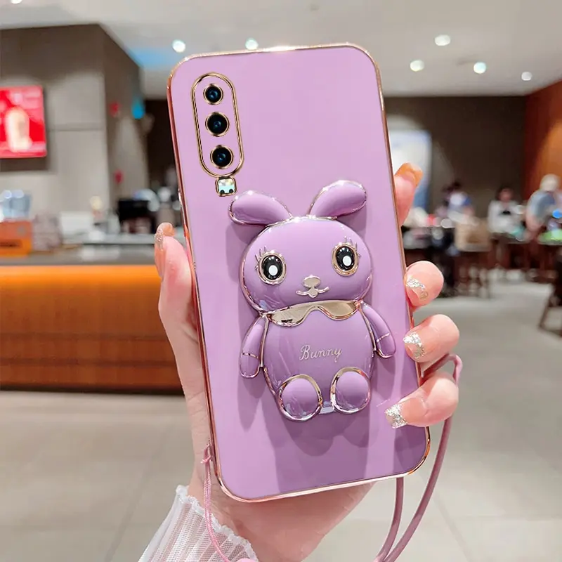 

Phone Case For Huawei P30 Luxury Plating Square Rabbit Holder With Landyard Phone Case Cover