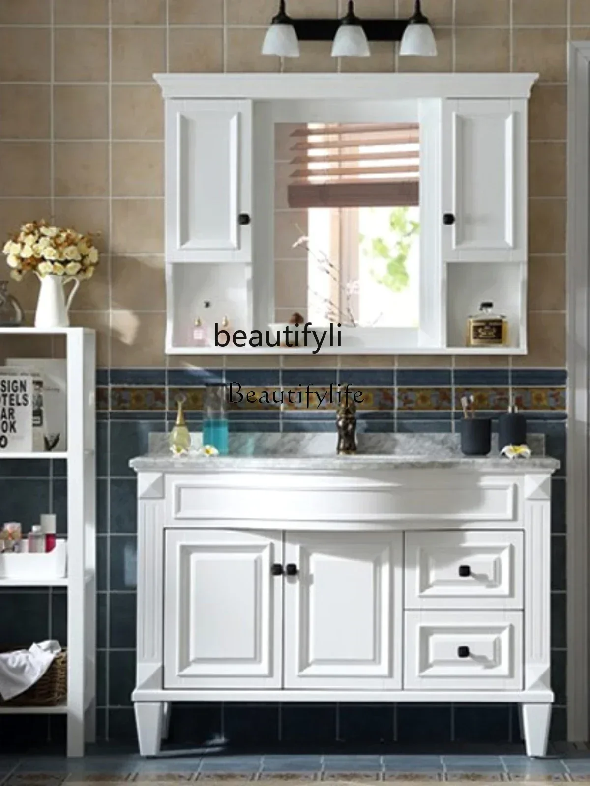 

ls 27American oak bathroom cabinet, smart mirror cabinet, curved solid wood floor-to-ceiling marble sink