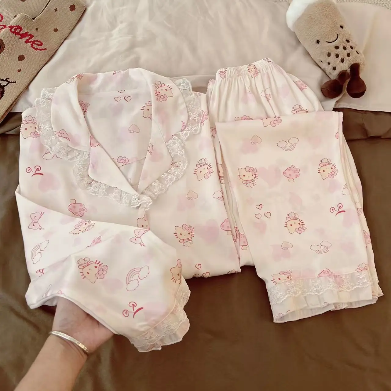 

Pink Kitty Cat Girl Sleepwear Spring and Autumn Lace Lace Double Long Two Piece Set Ins Home Clothes