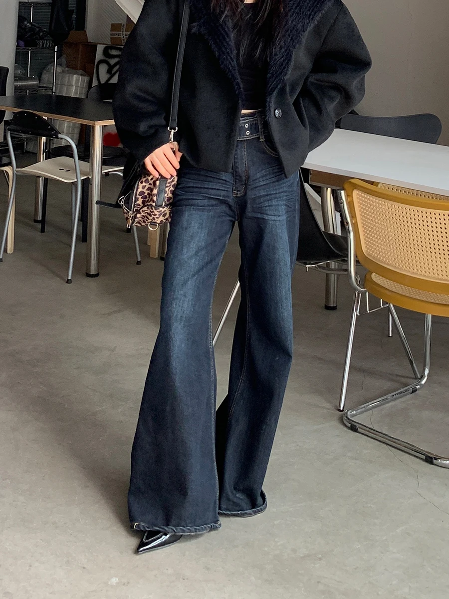 Modne luźne jeansy z szerokimi nogawkami, niebieskie, z wysokim stanem, damskie, jesienno-zimowe, nowe, modne spodnie typu flare marki G Sle