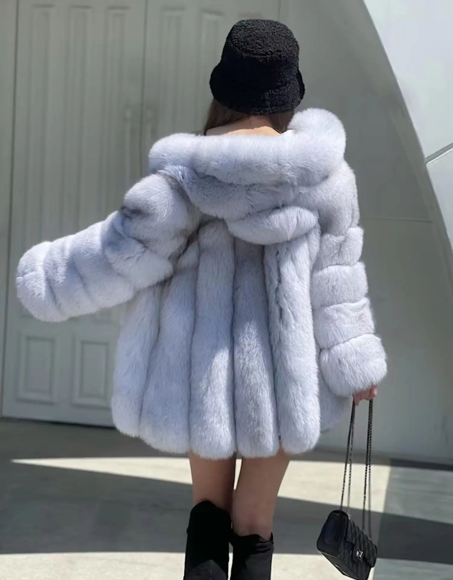 Winter Women Real Silver Fox Fur Coat Long Genuine Fur Jacket Luxury Natural Fur Streetwear Hooded Plush