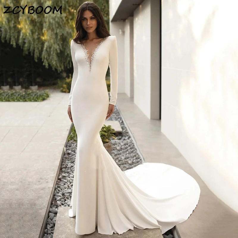 

Customized V-Neck Long Sleeves Mermaid Simple Button Evening Dresses For Women 2024 Spaghetti Dresses For Formal Occasions