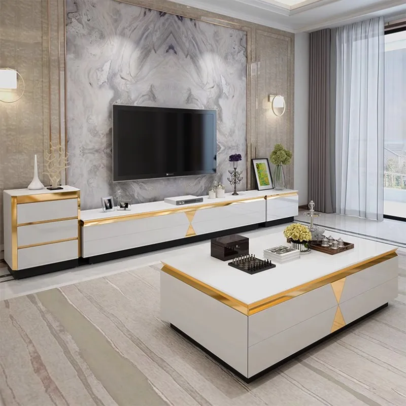 Living room furniture set Metal center coffee table with drawers Modern luxury glass coffee table and TV stand