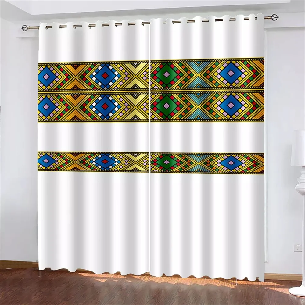 

Black White Saba Telet Pattern Ethiopian Eritrean 2 Pieces Light Filtering Curtains for Living Room Bedroom Kitchen Window Drape