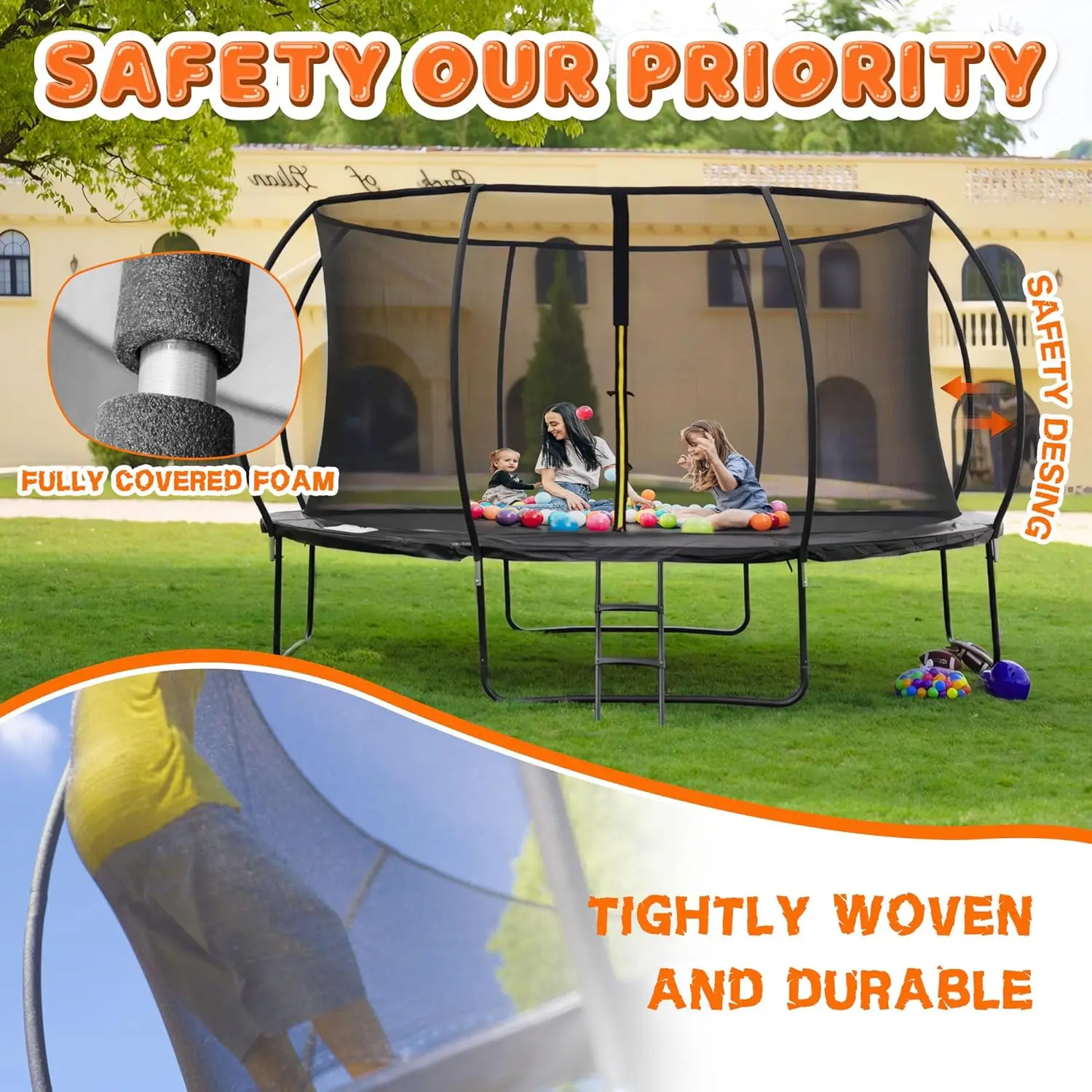 Trampoline 8FT 10FT 12FT 14FT 16FT, Recreational Trampolines with Enclosure Net and Ladder, Outdoor Anti-Rust Trampolines