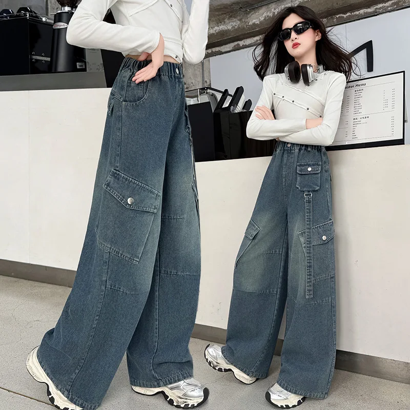 طفل الشارع الشهير موضة خمر البضائع الجينز واسعة الساق مستقيم الدينيم السراويل الإناث الاطفال y2k جديد البوب Harajuku فتاة بناطيل كاجوال #3
