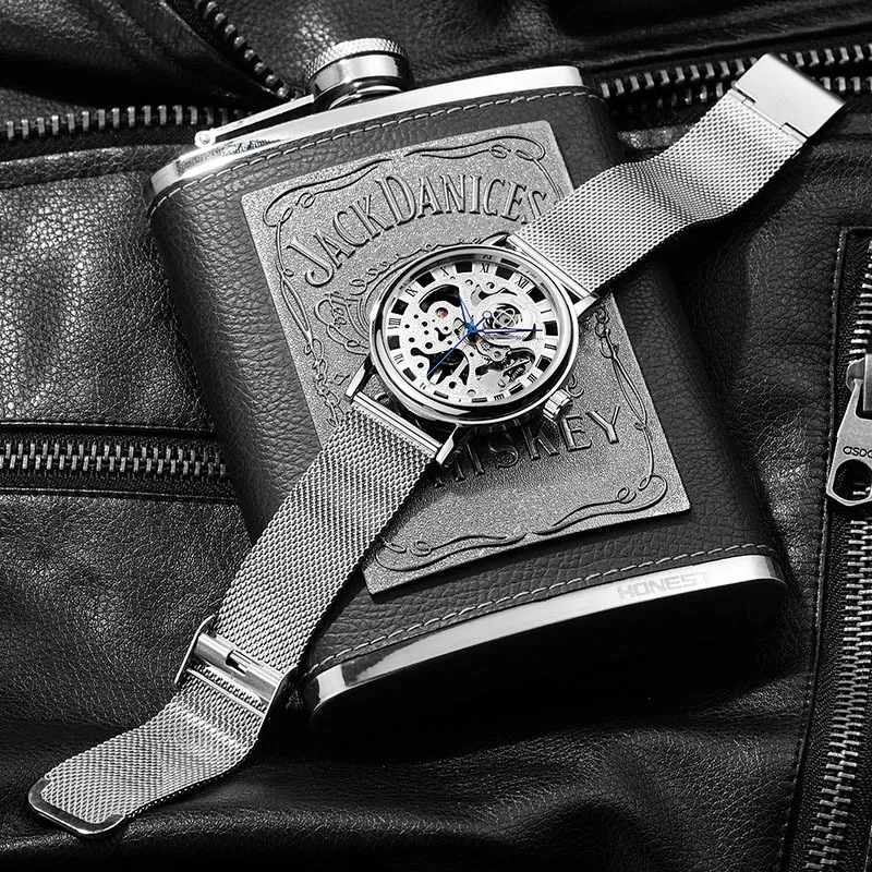 

Men’s *Automatic Mechanical Watch, Business Skeleton Design with Mesh Strap, Transparent Back Fashion Wristwatch