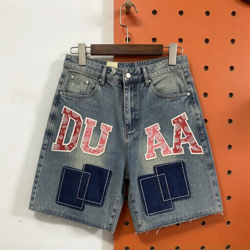 Petal Pattern Embroidered Letters DUAA Shorts Cutting Edge Tassels Hotfix Rhinestone Surround Patch Denim Pants Men Women