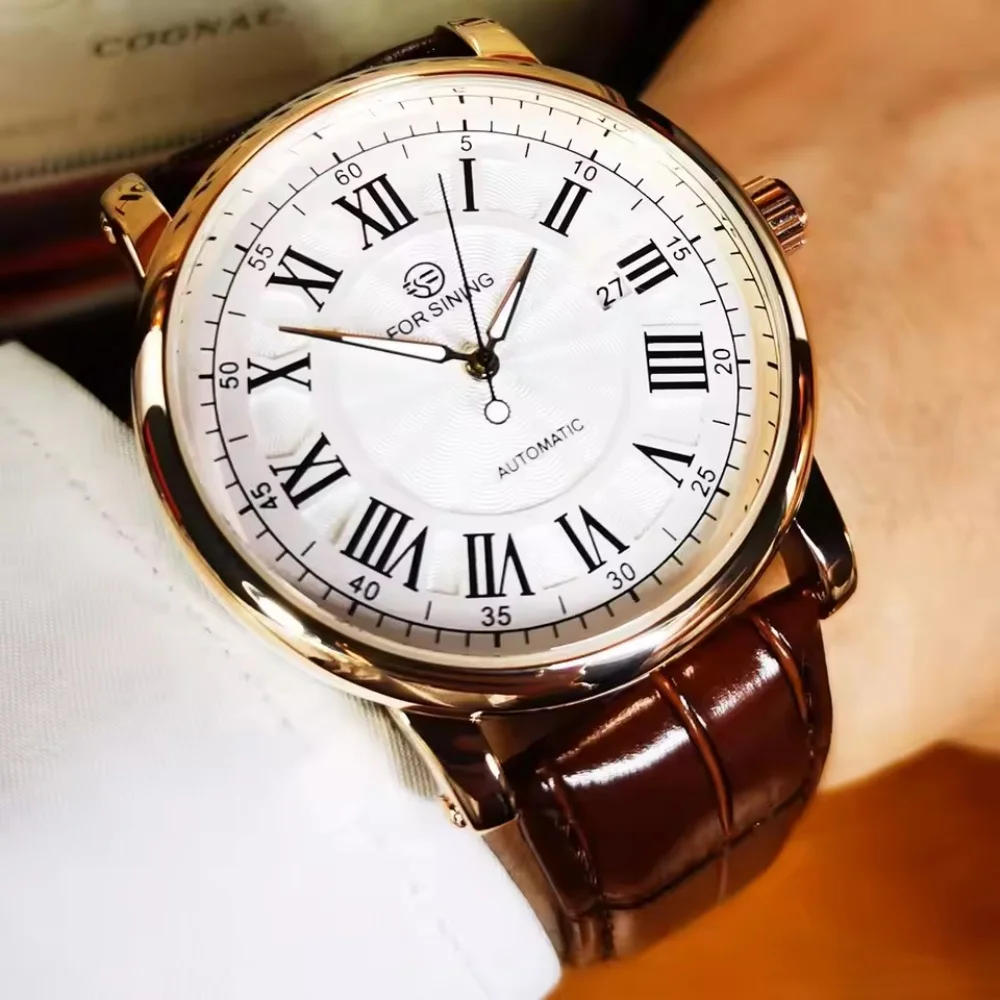 

Forsining Classic Business Automatic Men's Watch Calendar Luxury Brand Brown Leather Strap Fashion Rose Gold Mechanical Watches
