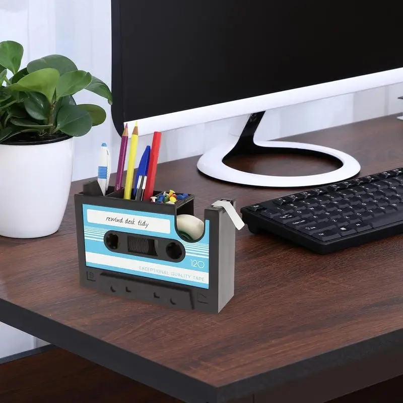 Cassette Tape Pen Holder Desktop Accessories Holder Tape Dispenser Stationery Holder Retro Pencil Organizer For Art Supply Kids