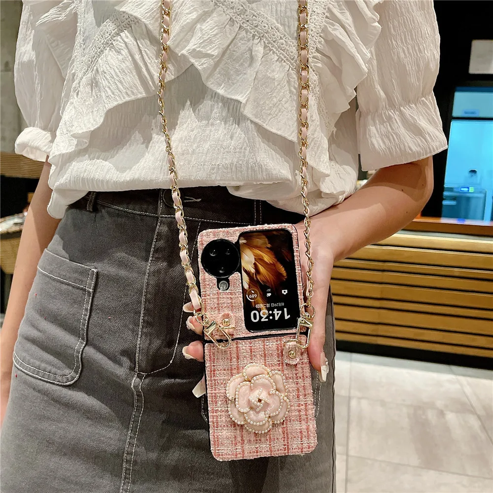 Korean Fashion Cute Woven Fabric Flower Crossbody Chain Phone Case For OPPO Find N3 Flip Case OPPO Find N2 Flip Cover N2Flip