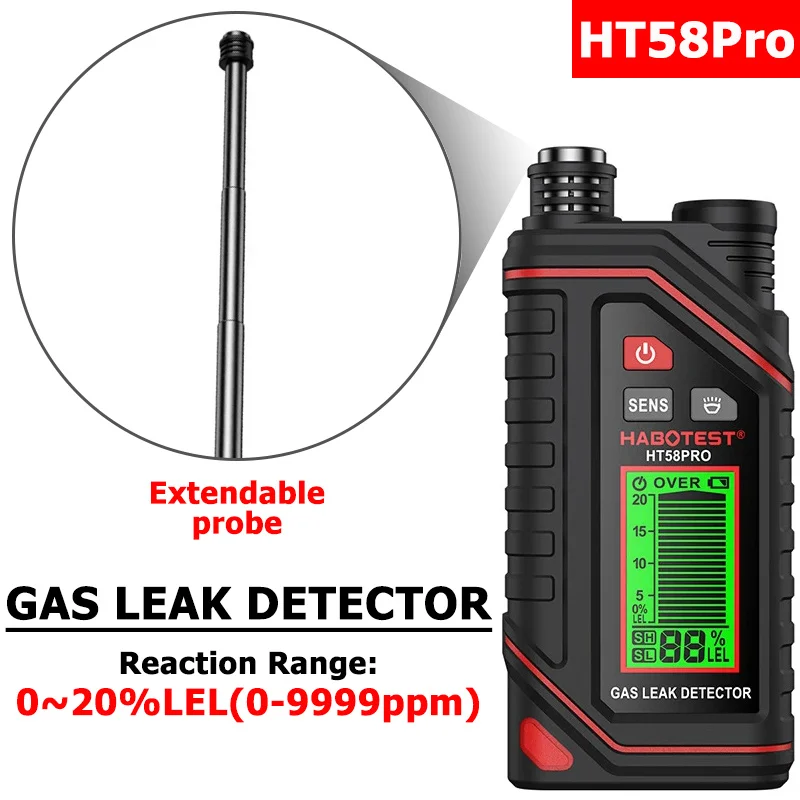 HT58Pro Rechargeable Natural Gas Detector Extendable Probe Portable Combustible Gas Leak Monitor with Audible & Visual Alarm 