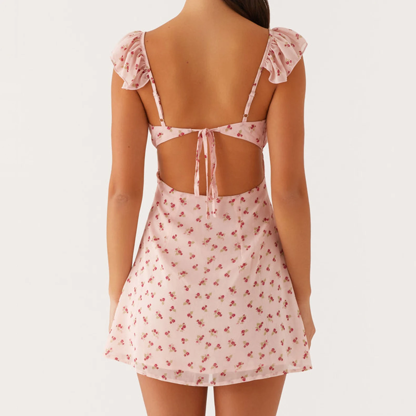 Mini robe d'été à volants pour femmes, sans manches, décolleté en V profond, dos nu, à nouer, motif Floral/à pois, robes trapèze